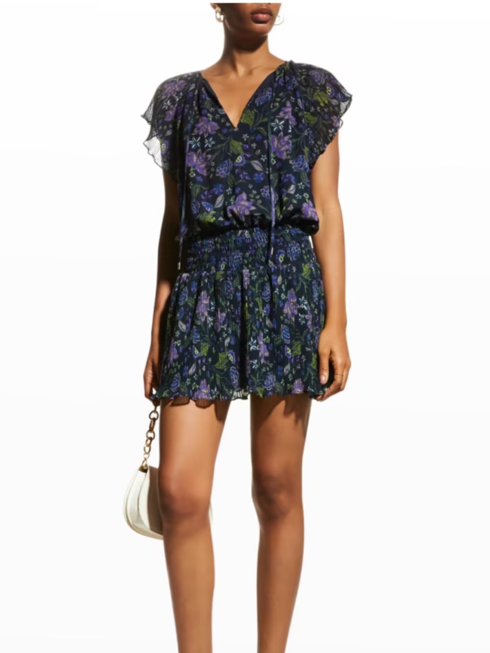Ramy Brook Milene Navy Floral Tie-Neck Mini Dress